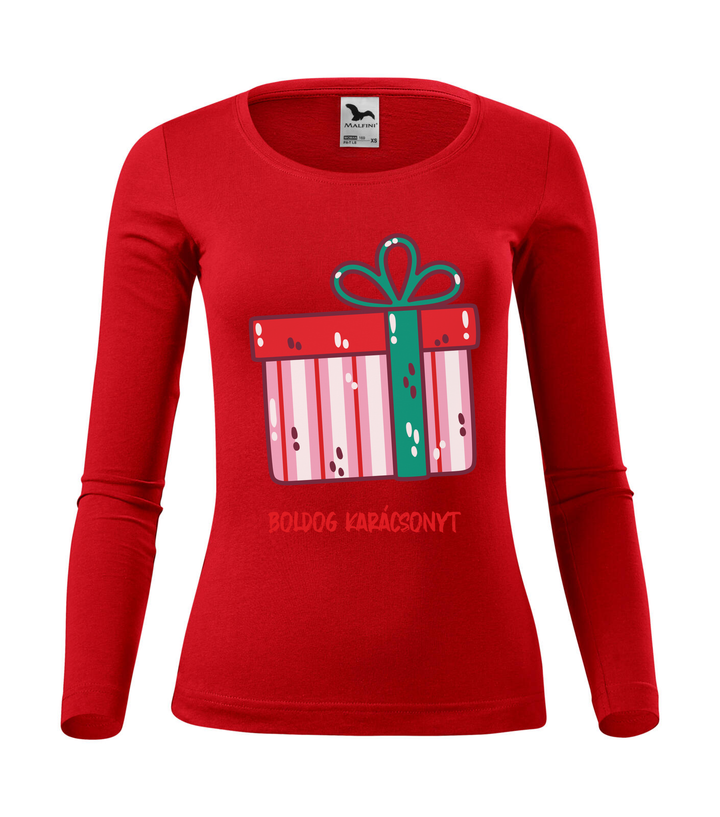 Boldog karácsonyt ajándék doboz - Hosszú ujjú női póló piros