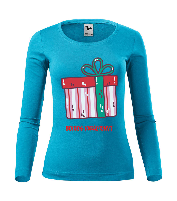 Boldog karácsonyt ajándék doboz - Hosszú ujjú női póló türkiz