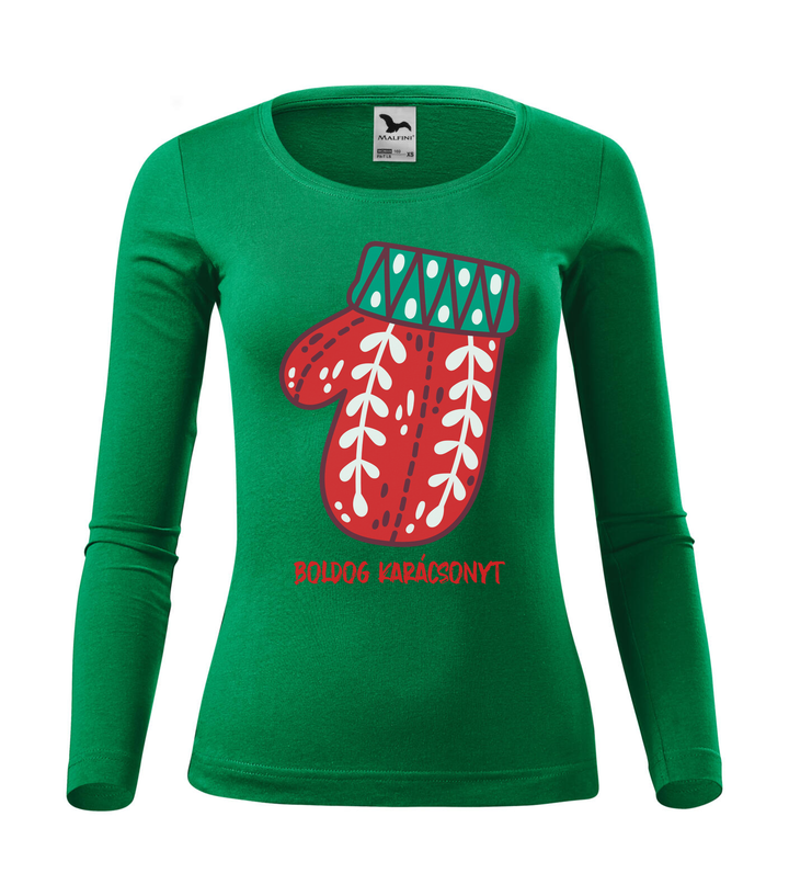 Boldog karácsonyt kesztyű - Hosszú ujjú női póló fűzöld