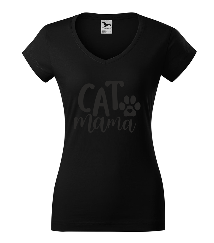 Cat mama - V-nyakú női póló fekete